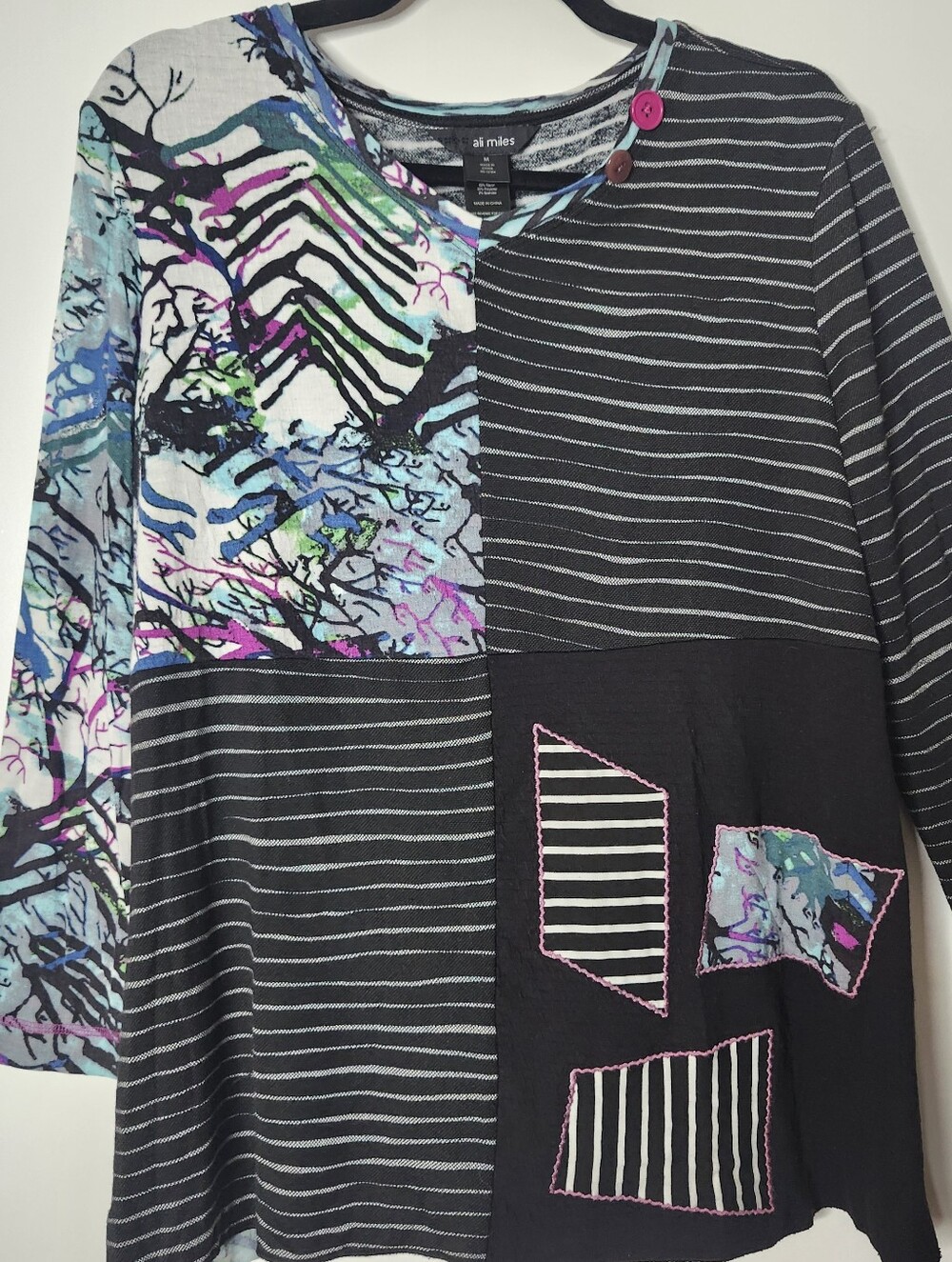 Ali Miles Medium Artsy Patchwork Tunic Abstract Striped Wearable Art Top Boho - Picture 2 of 9